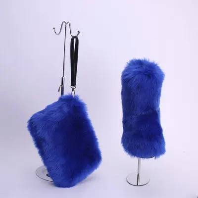 blue set 3 шт., женские зимние ботинки на меху зимняя обувь с сумочкой и повязкой на голову, г. Новые роскошные меховые женские ботинки, женская обувь на меху в стиле хип-хоп - Цвет: blue set