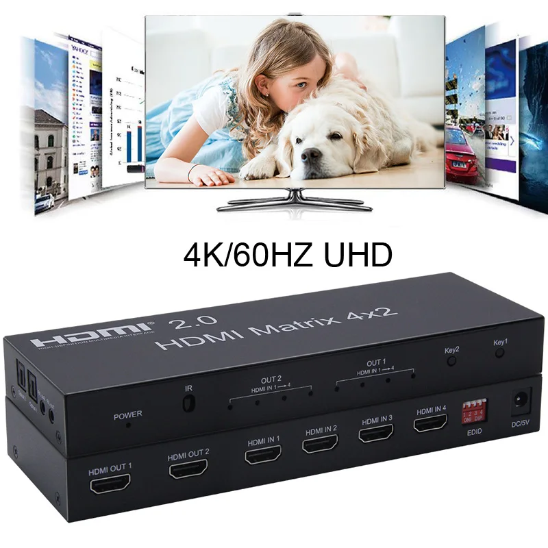 HDMI 2,0 True Matrix Scaler 4x2 4K 60 Гц HDMI видео переключатель сплиттер конвертер Поддержка двойной аудио выход оптический и стерео EDID 3D
