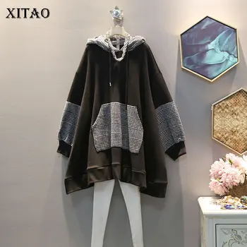 

XITAO Vintage Drawstring Pleated Dress Women Fashion New 2019 Winter Pocket Hooded Collar Patchwork Plaid Pullover Dress XJ2264