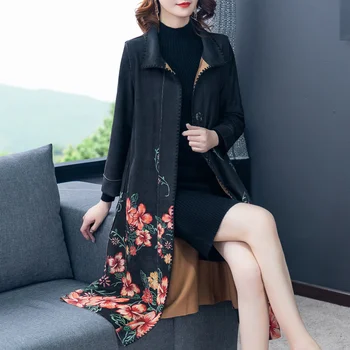 

2020 New Spring Autumn Loose Suede Long Trench Coats Women Middle-aged Elderly Mother Printed Female Outerwear Plus Size 5XL