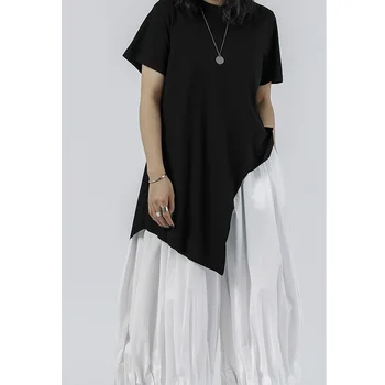 

WOMENGAGA 2020 Summer New Solid Girl Female T-shirt Irregular T-shirt O-neck Casual Loose Pullover Short Sleeve Streetwear A424
