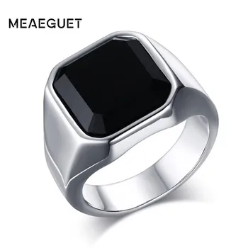 

Black Onyx Signet Ring Mens Stainles Steel Classical Plain silver color Square Husbands Man Anel