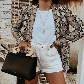 

Jocoo Jolee Office Lady England Style Snake Print Blazer Women Autumn Long Sleeve Turn-down Collar Pockets Jackets Coat 2019