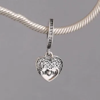 

925 Sterling Silver Pendant Bead Charm fit Pandora Bracelet Bangle I Love My Mom Dangle Charm Clear CZ DIY Jewelry