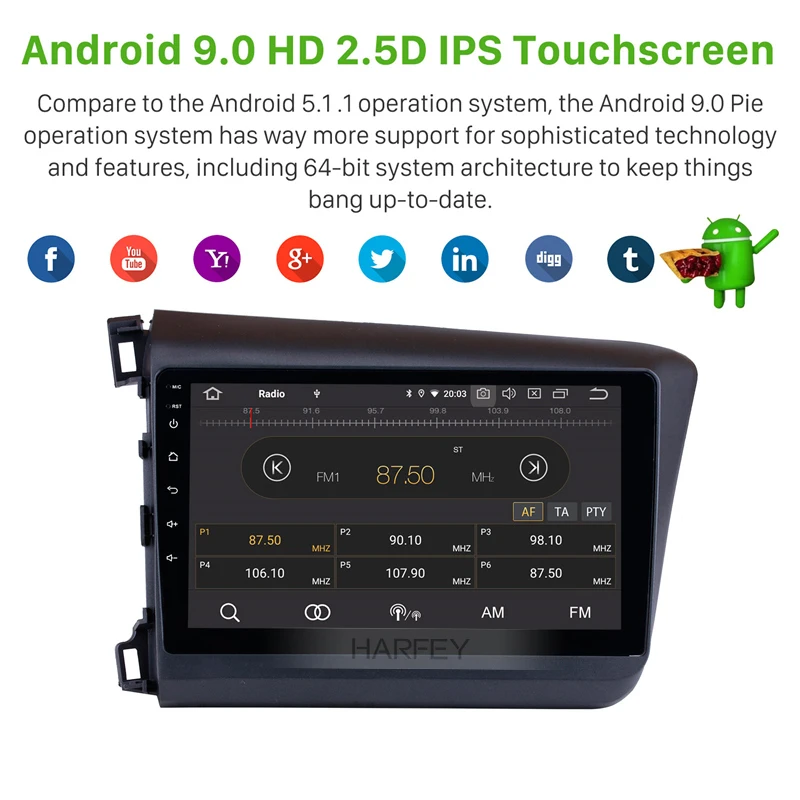 Harfey головное устройство DVD плеер gps автомобильное радио для Honda Civic 2012 Android 9,0 10,1 дюймов мультимедийный плеер с 4G Wifi