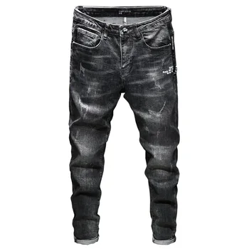 

2019 Men Jeans Printing Male Pants Straight Cylinder Slim Fit Middle Waist Leisure Jeans Male