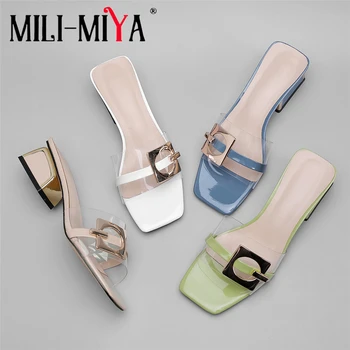 

MILI-MIYA Fashion Women Sandals Patent Leather Square Toe 4 Colors Square Heels Dress Shoes Handmade Summer Shoes For Ladies