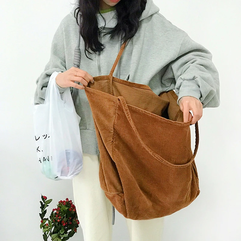 

2020 New Large Capacity Corduroy Vintage Shoulder Bag Women Large Hand Bag Foldable Reusable Dhopping Bags Fashion Fabric Bags