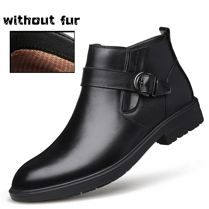 black without fur Британский стиль; мужская повседневная деловой официальный офисный наряд; зимние ботинки; теплая хлопковая обувь из коровьей кожи; ботильоны для джентльмена; botas - Цвет: black without fur