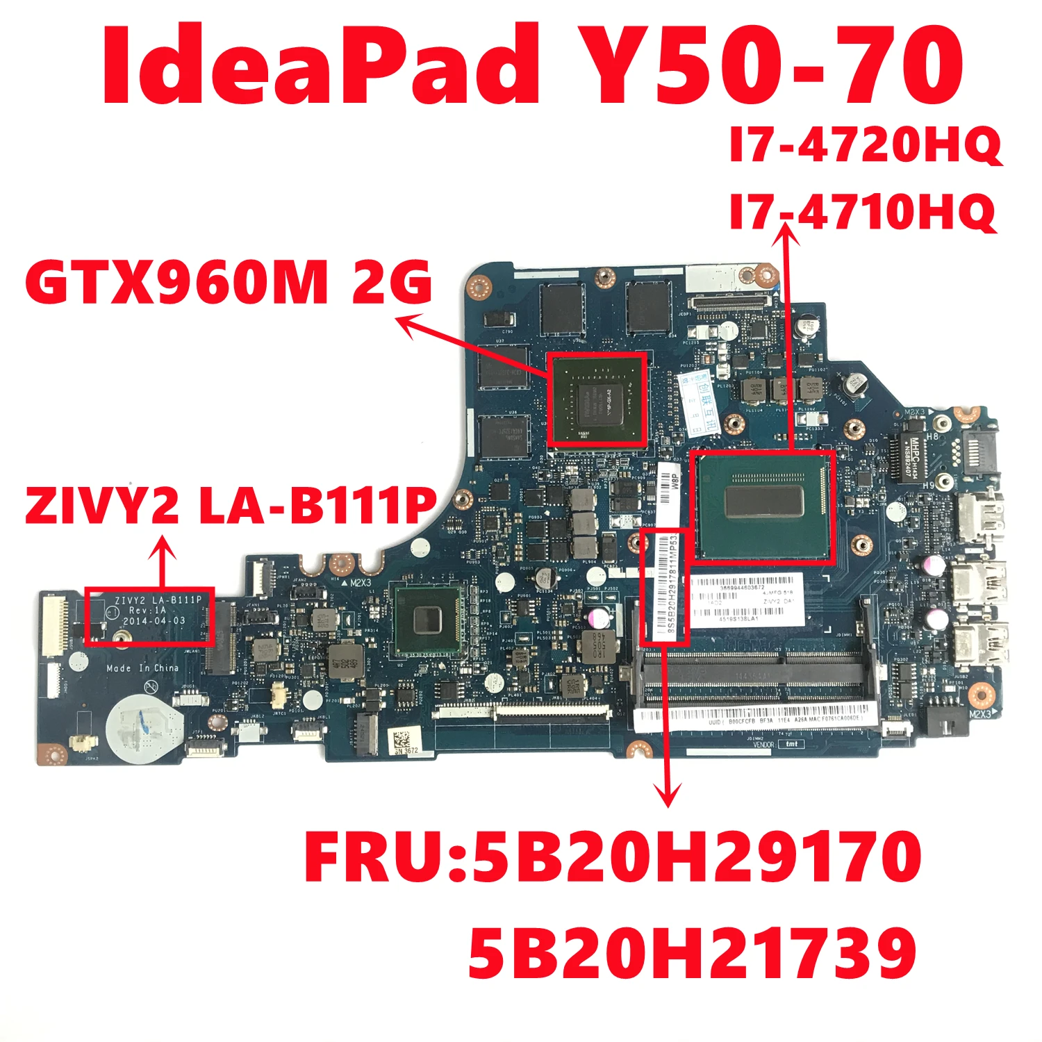 5B20H29170 5B20H21739 для Lenovo IdeaPad Y50-70 Материнская плата ноутбука ZIVY2 LA-B111P W/ I7-4720HQ i7-4710HQ 2G 100%