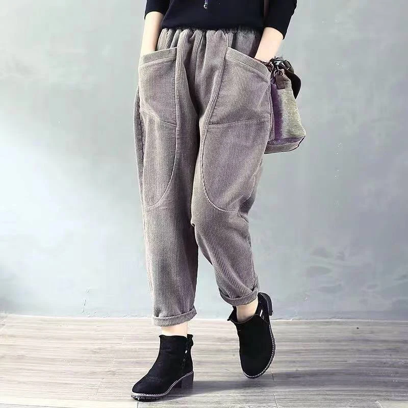 Autumn New Arts Style Women Elastic Waist Loose Pants All-matched Casual Corduroy Vintage Harem Pants Plus Size Trousers D503 Autumn New Arts Style Women Elastic Waist Loose Pants All-matched Casual Corduroy Vintage Harem Pants Plus Size Trousers D503