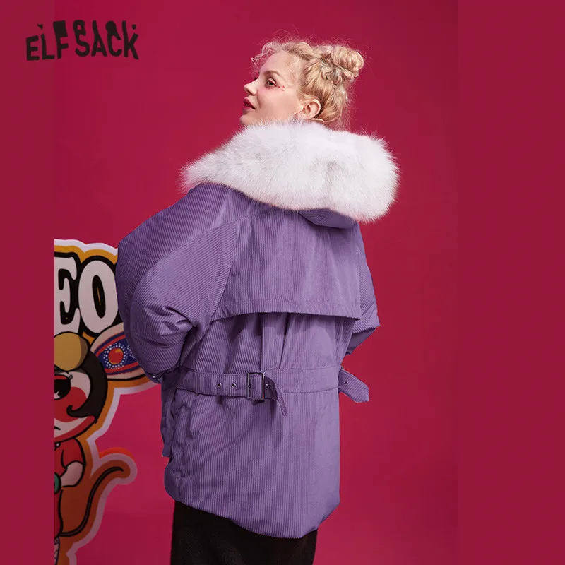 ELFSACK Pink Solid Straight Belted Hooded Warmness Down Coats Women Winter Pocket Fur Collar Office Ladies Basics Outwears