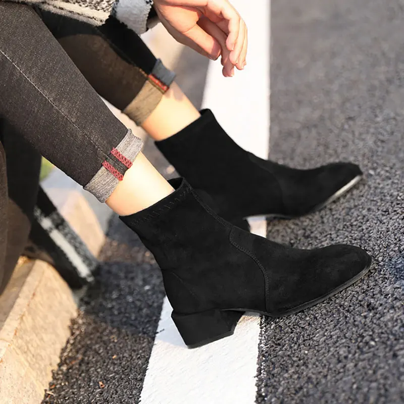 

Winter boots women shoes sock boots female round toe high heel ankle boots ladies shoes plus size black shoes women with zipper