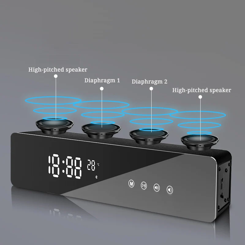 Bluetooth динамик, будильник, светодиодный, цифровой, беспроводной, зеркальная музыка, двойной будильник, температурный плеер, повтор, сабвуфер избыточного веса