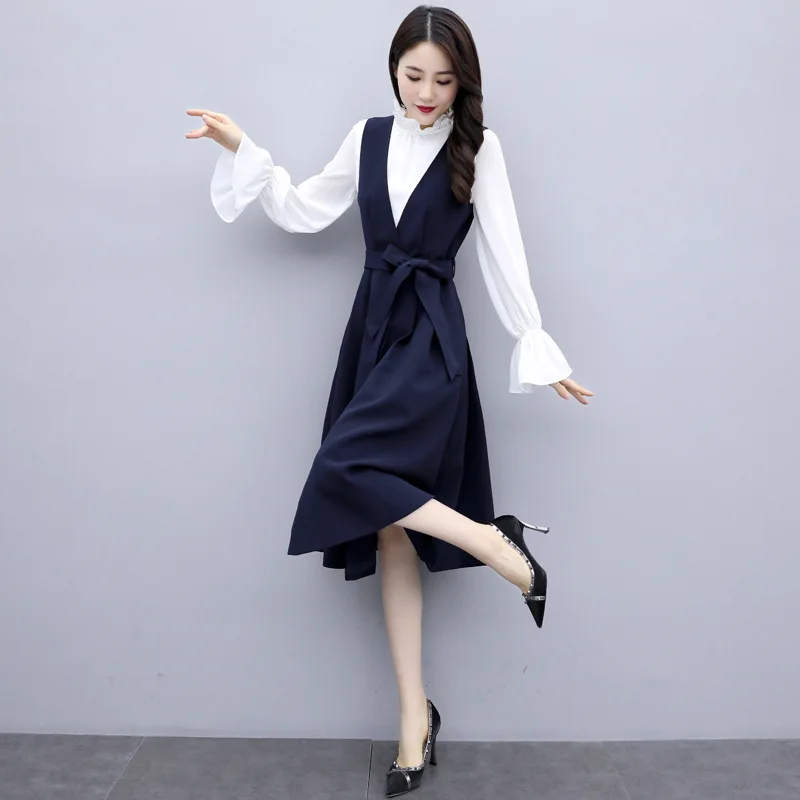 

Graceful Long-sleeved Dress-Style Two-Piece Set 2019 Spring And Autumn New Style WOMEN'S Dress Elegant Set Skirt Fashion
