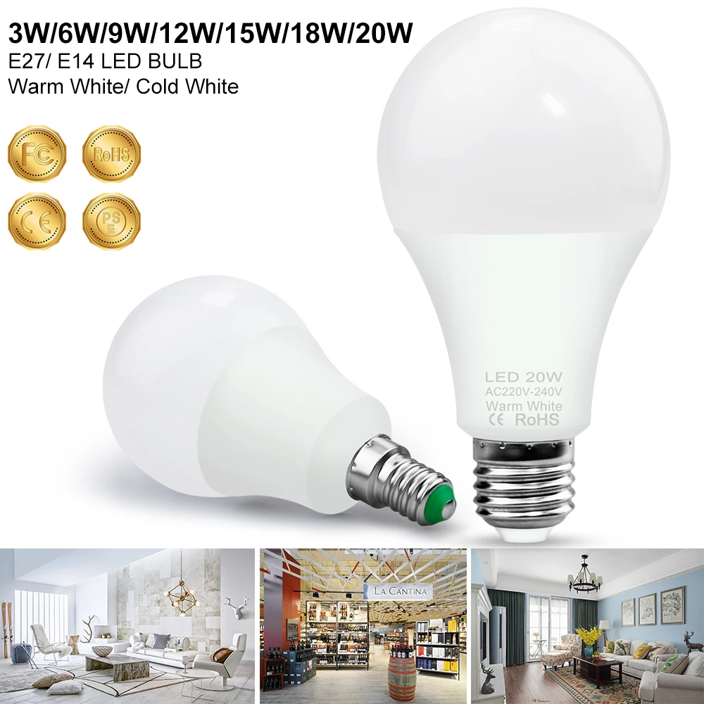 

E27 Home Lighting Bombillas LED Lampara 220V Spotlight Bulb E14 Focos Lamp 3W 6W 9W 12W 15W 18W 20W 2835 Bulbs 240V Spot Light