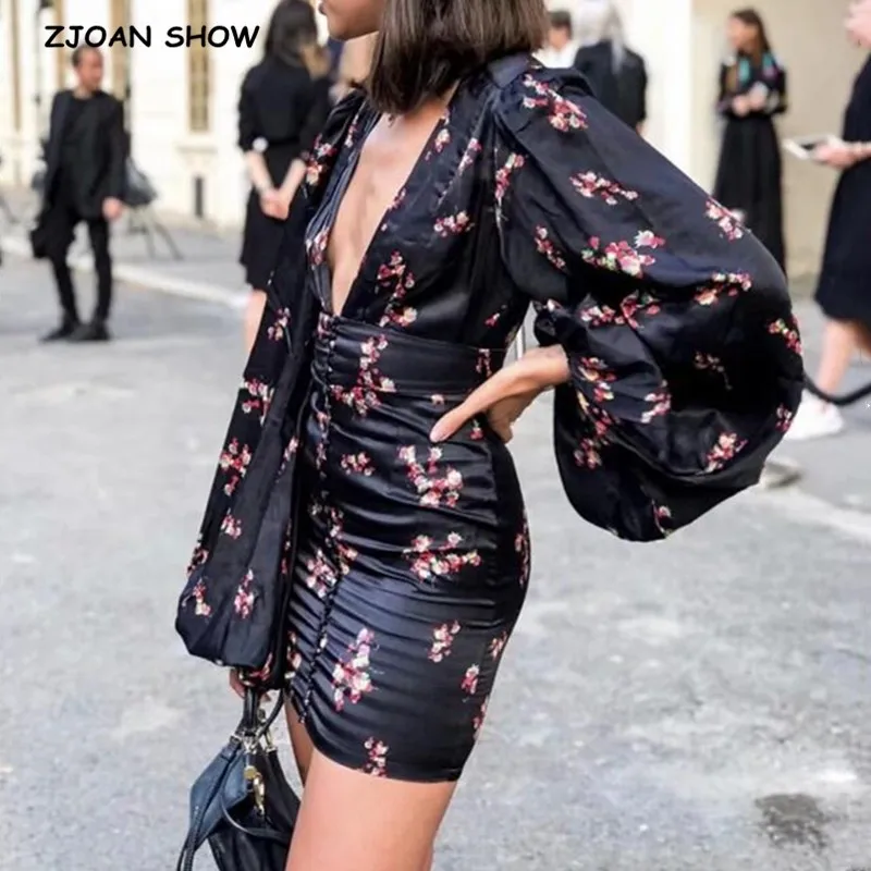 Женское короткое платье с длинными рукавами фонариками однобортные вечерние