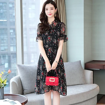 

2019 Korean Retro Long Slim Chiffon Black Fashion Dress women