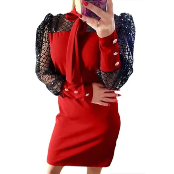

New 2020 Summer Dress Women Sexy Bowtie Collar Mesh Patchwork Transparent Sequins Long Sleeve Ladies Lace Mesh Dress Clubwear