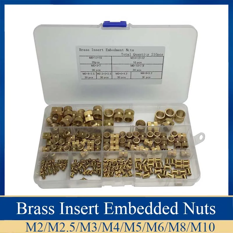 210pcs Brass Cylinder Knurled Threaded Round Insert Embedded Nuts 8 Size 