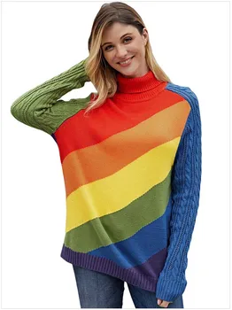 

NiceMix Winter autumn Women Turtleneck Sweaters Turtle Neck Long Sleeve Lady Female Sweater Color Block Women's Loose Jumper