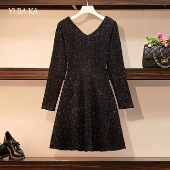 

plus size L-4XL women dress vestidos autumn winter long sleeve v neck striped short dress elegant vintage mini female dress