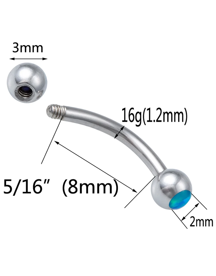 1 шт., пирсинг для бровей из нержавеющей стали, женские опаловые изогнутые штанги, ювелирные изделия для тела, спираль для губ, серьги, кольца, ювелирные изделия, 16 г