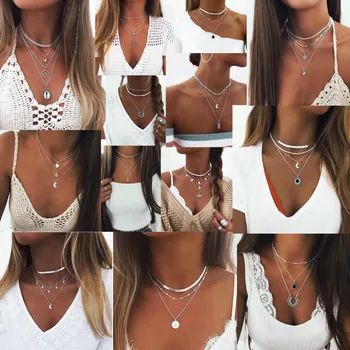 

26 Style Fashion New Pendants Necklaces for Women 2020 Bohemia Jewelry Layered Necklace Short Female Simple Vintage Silver Color