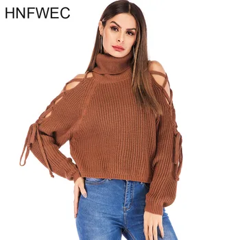 

Women's Sweater Sexy Strapless Off-Shoulder Knit Pullover Casual Solid Long Sleeve Turtleneck Knit Fashion Winter Sweater V196