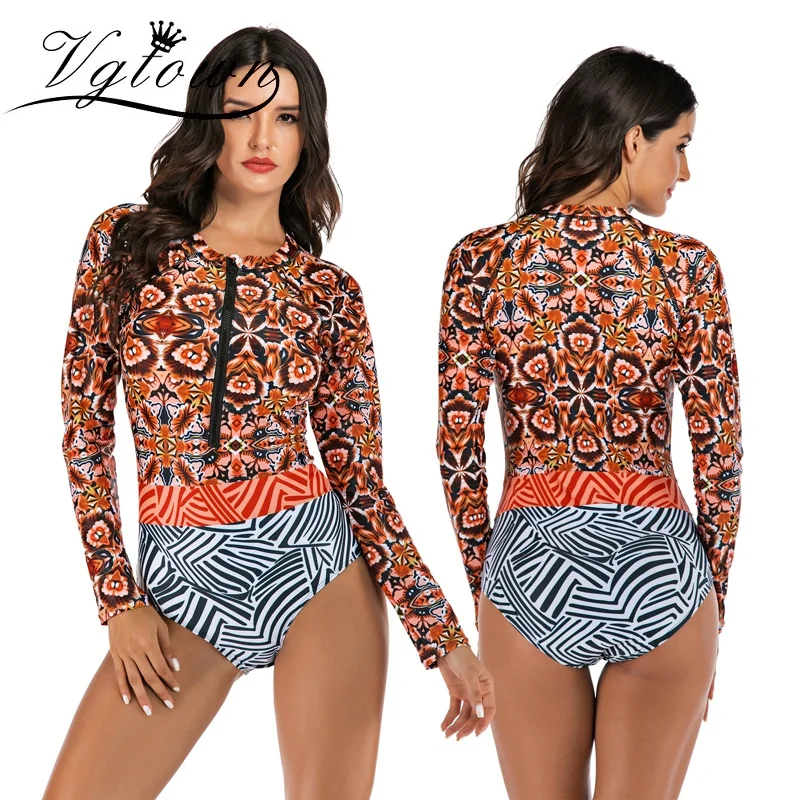 

2020 New Print Swimming Suit For Women Popular One-Piece Long Sleeve Swimsuit Surfing Swimwear One Piece Beachwear High Quality