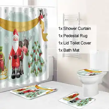 

Christmas Style Shower Curtain Carpet Toilet Seat Cushion Cushion Bathroom Non-slip Waterproof Pad Set With 12 Hooks 4/3/1 Pcs