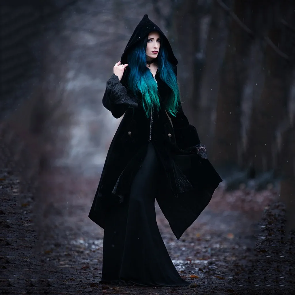 Осенний Готический Тренч, винтажное модное женское пальто, тонкий однотонный пояс для девочек, зимние теплые черные женские готические пальто, платья ведьмы - Цвет: Black