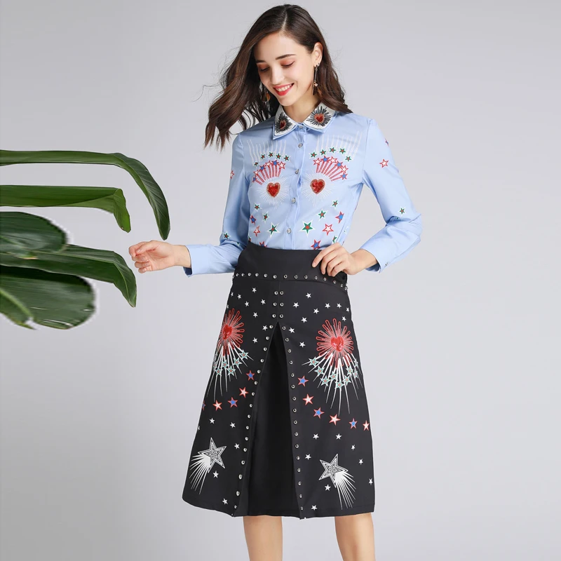 

Red Roosarosee Designer Women Autumn 2 Piece Set Luxury Sequins Long Sleeve Blouse Top + Black Skirt Elegant Female Suit Twinset