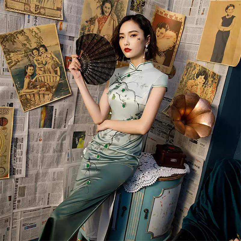 Модные элегантные пуговицы ручной работы Cheongsam винтаж Qipao Летний принт цветок градиент отворотом qipao Vestidos Большие размеры, S-3XL