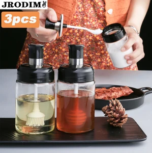 Kitchen Tool Spoon and Lid Integrated Seasoning Jar Combination 250ml Glass Spice Jar Bottle Oil Honey Brush Salt Pepper Bottle