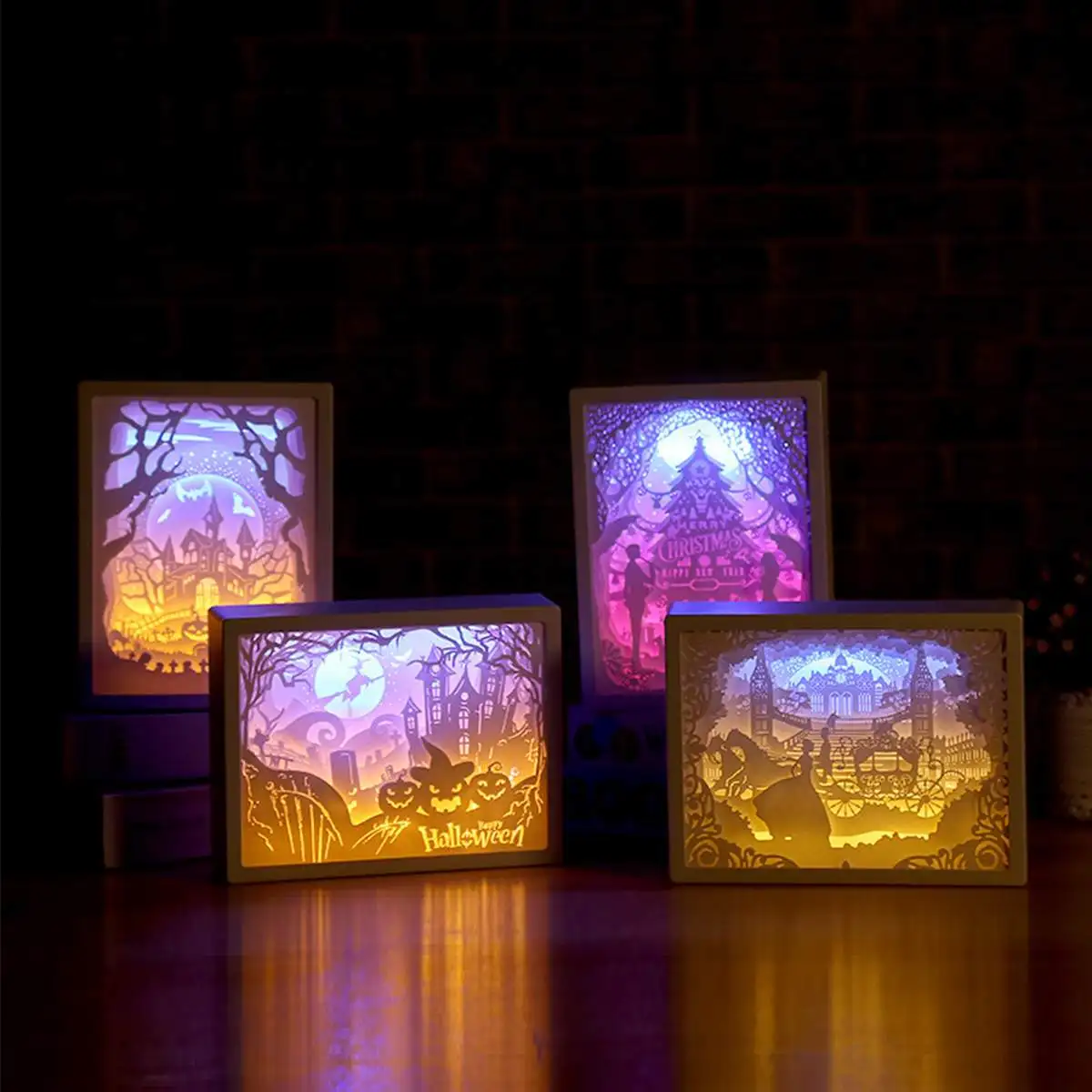 Halloween Christmas 3D Paper Carving Light LED Night Light Bedside Desk Table Lamp Carved CreativeGifts Kids Bedroom 집 꾸미기
