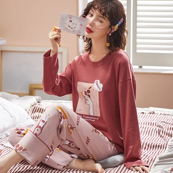 

Female Fashion Leisure Tracksuit Prints 2 Pieces Pajamas Set Autumn Home Wear Ladies Korean Style Long Sleeve Cotton Sleepwear
