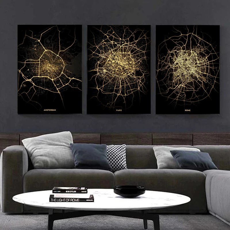 

Black Gold Abstract Lines World City Map Entrance Canvas Paintings For Living Room Prints Home Wall Decoration Posters No Frame