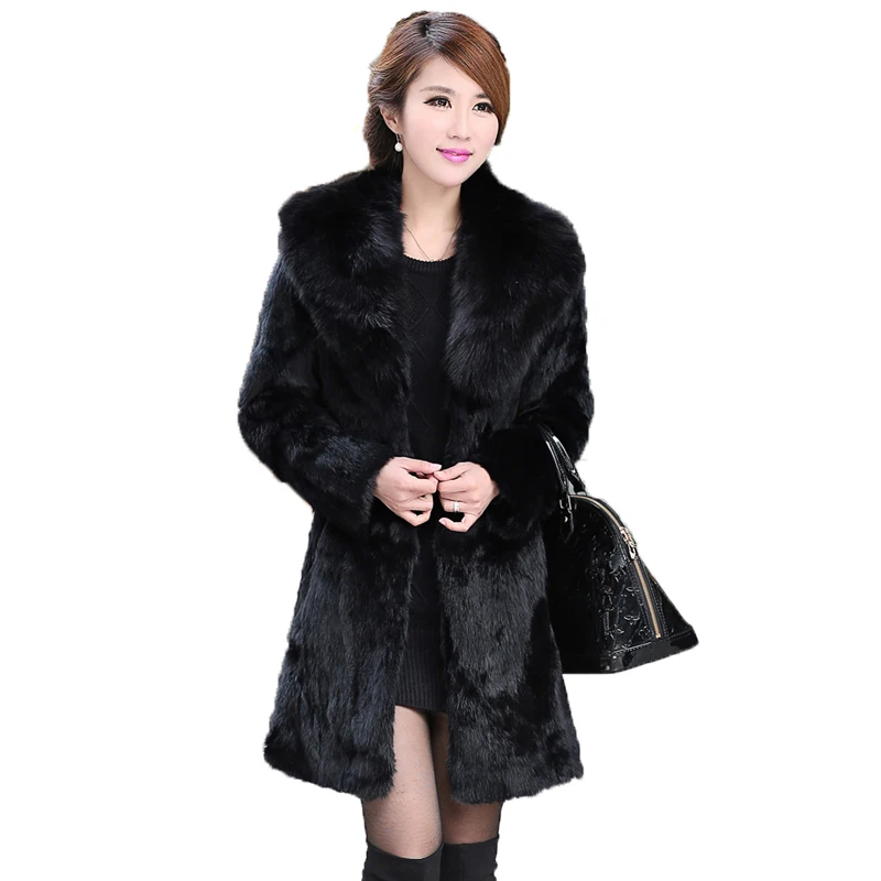 

Elegant natural fox fur collar full pelt real rabbit fur coat outerwear women's autumn winter 2019 new slim long fur jacket