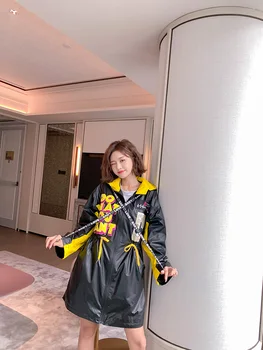 

Tide brand jacket female loose bright color matching long-sleeved trench coat female mid-length hooded cartoon large size coat