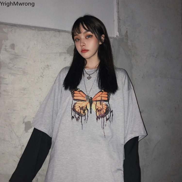 Милая футболка с графическим принтом бабочки, однотонная контрастная свободная футболка с длинным рукавом, футболка, Топ Harajuku, уличная одежда, корейские женские пуловеры
