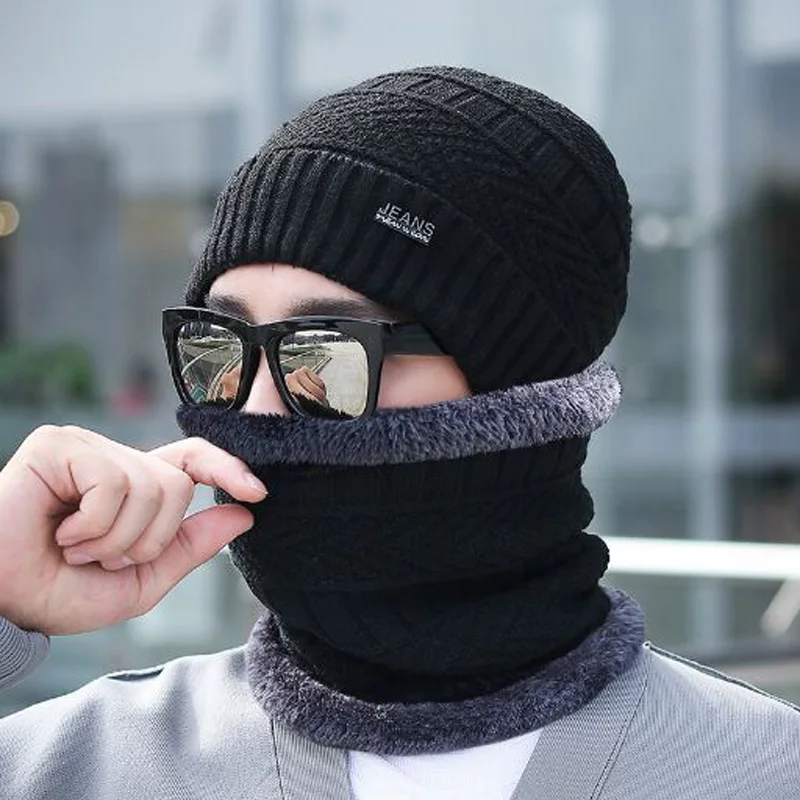 

XEONGKVI Korean Winter Warm Knitted Cap Scarf Two-piece Set Brand Skullies Beanies Pompom Youth Men Woolen Hat Scarf Suit