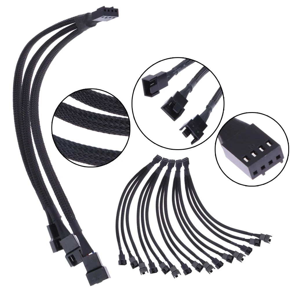 4 Pin PWM кабель вентилятора от 1 до 3 путей разветвитель черного цвета с длинными
