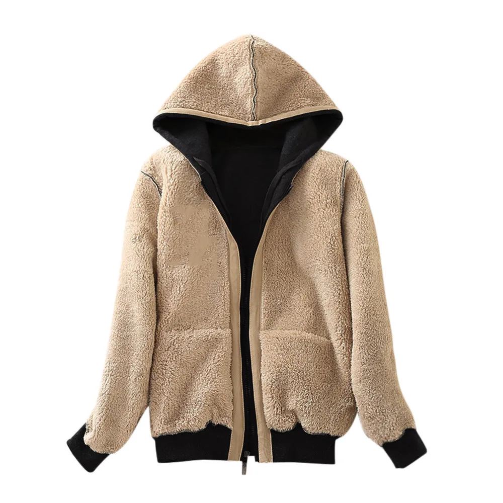 Women Winter Thicken Hoodie Sweatershirt Casual Warm Coat Fluffy Fur Fleece Lined Zipper Up Hooded Jacket Casual Outwear#T2