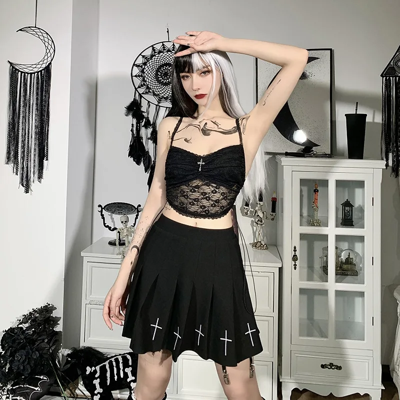 Sexy Gothic Lace Black Women Camis 2021 Summer Lady Drawstring Transparent Strapless Metal Cross Cool Basic Camisole Short Top