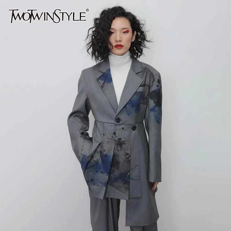 

TWOTWINSTYLE Casual Print Irregular Blazers Women Notched Long Sleeve High Waist Asymmetrical Suits For Female Fashion Clothing