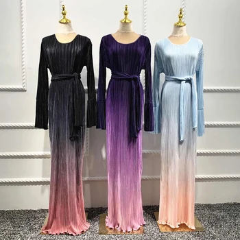 

Siskakia Fashion Gradient Pleated Long Dress 2020 New Muslim Women's Long Sleeve Dresses High Stretch Arab Oman Dubai Clothing
