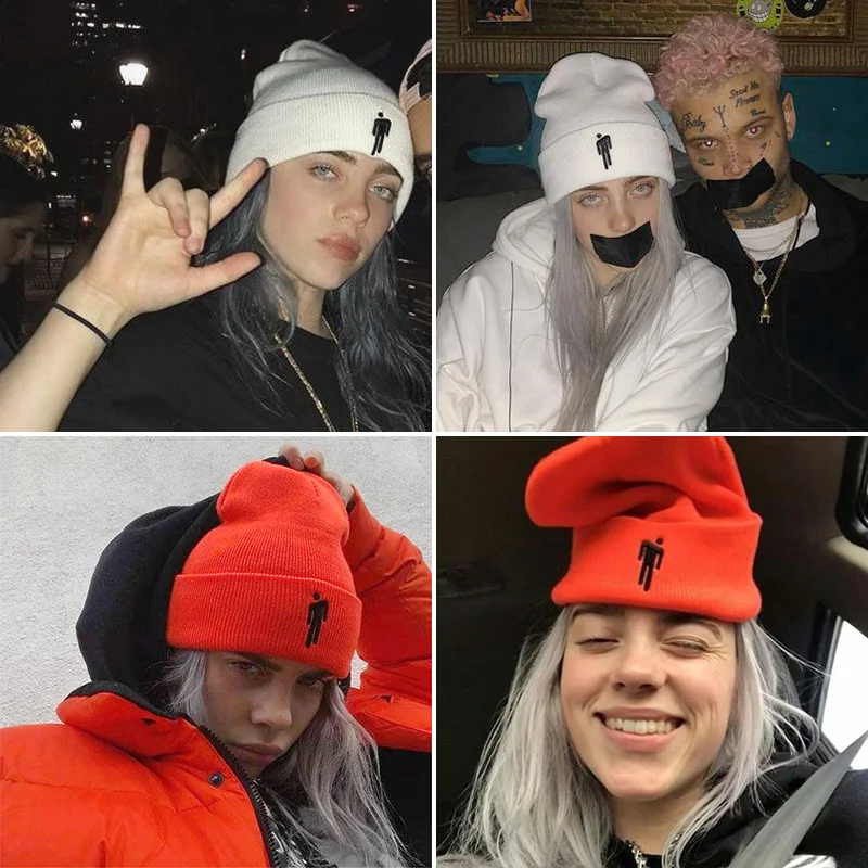Шапка-бини в стиле хип-хоп с вышивкой Billie Eilish, женские и мужские зимние теплые вязанные шляпы для мужчин и женщин, однотонные Повседневные шапки-бини с манжетами