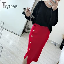 Trytree осень зима женская повседневная юбка эластичный пояс с высокой талией вязаный, на пуговицах с разрезом модная до середины икры Офисная Женская юбка