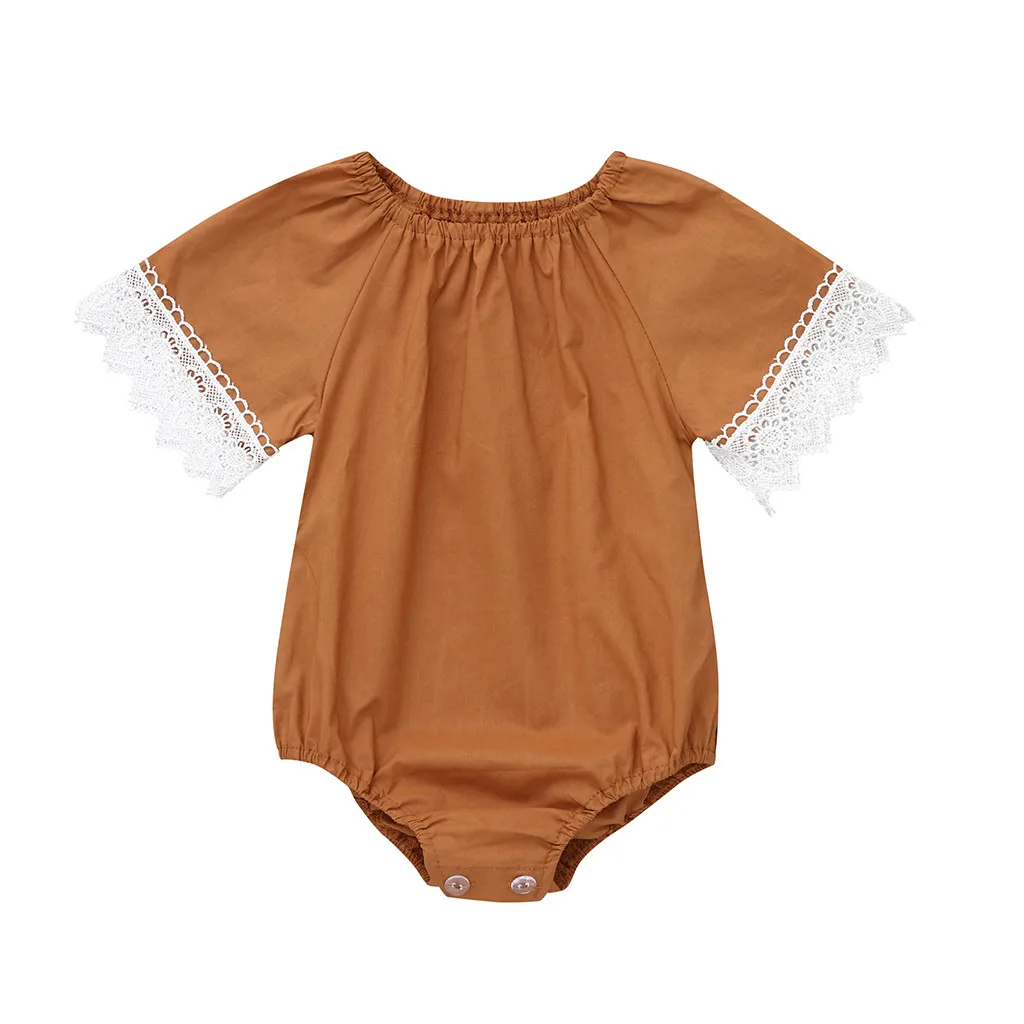 Summer Infant Baby Girls Fashion Jumpsuit Short Sleeve Lace Solid Print Romper Bodysuit Baby Clothes Jumpsuit Playsuit Outfits - Цвет: Коричневый